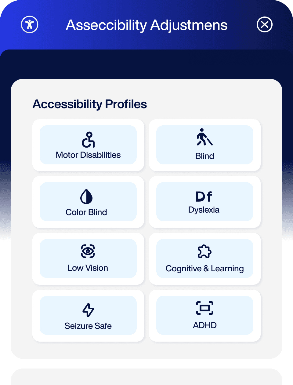 AccessWiser accessibility widget showing the Accessibility Adjustments panel with profiles for Motor Disabilities, Blind, Color Blind, Dyslexia, Low Vision, Cognitive & Learning, Seizure Safe, and ADHD